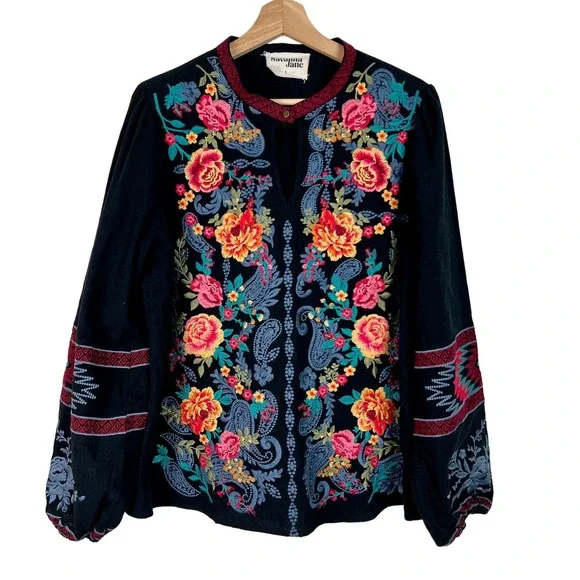 Savanna Jane Women's Embroidered Floral Boho Long Sleeve Top Large - Picture 2 of 10